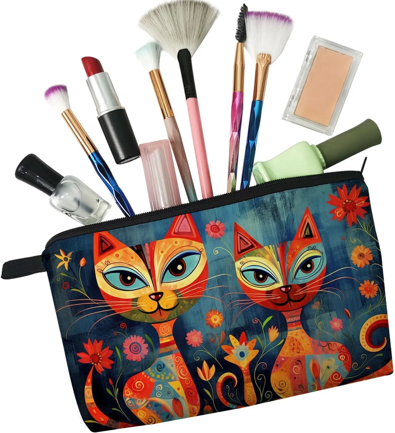 Floral Cat Makeup Bag Floral Cat Small Cute Organizer Bag Zipper Pouch Ethnic Style Floral Cat Kitten Kitty Print Cosmetic Bag Present for Women Friends