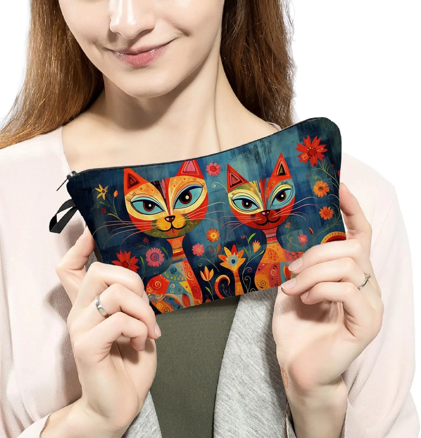 Floral Cat Makeup Bag Floral Cat Small Cute Organizer Bag Zipper Pouch Ethnic Style Floral Cat Kitten Kitty Print Cosmetic Bag Present for Women Friends