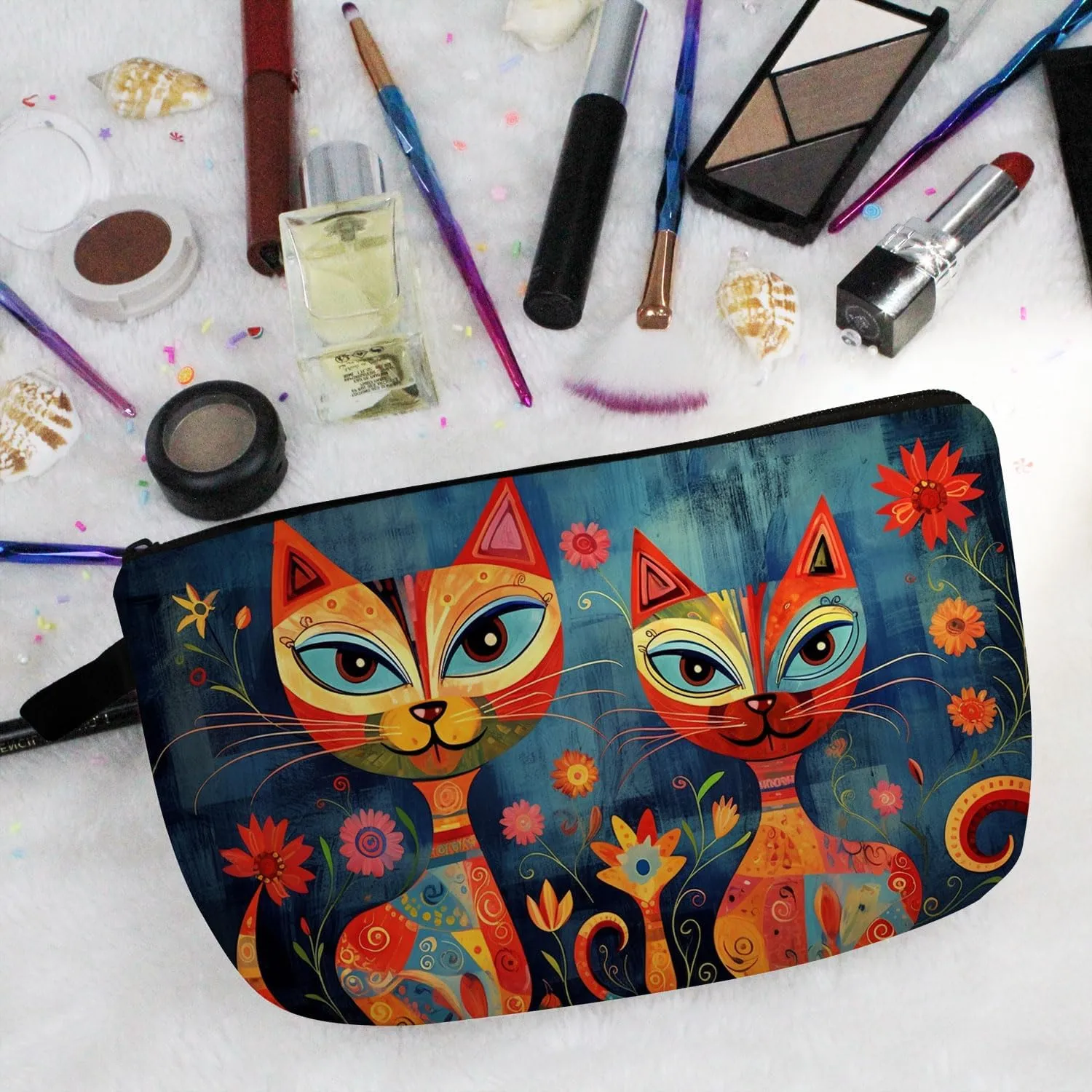 Floral Cat Makeup Bag Floral Cat Small Cute Organizer Bag Zipper Pouch Ethnic Style Floral Cat Kitten Kitty Print Cosmetic Bag Present for Women Friends