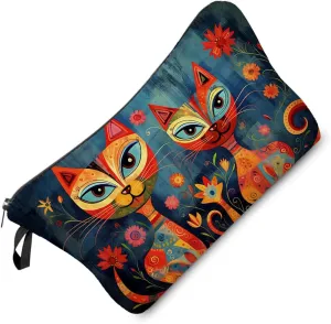 Floral Cat Makeup Bag Floral Cat Small Cute Organizer Bag Zipper Pouch Ethnic Style Floral Cat Kitten Kitty Print Cosmetic Bag Present for Women Friends