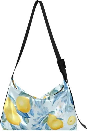 Flowers Lemon Leaves Tote Bag for Women Large Hobo Bags Leather Crossbody Bags Women Tote Bag with Adjustable Strap for School Girl