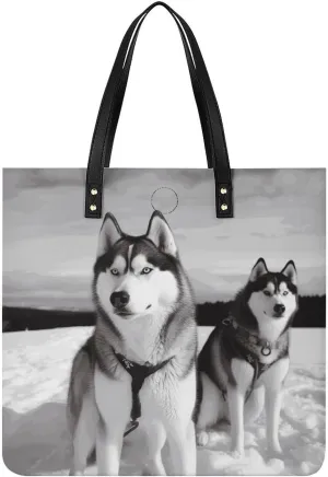 Handbags for WomenHusky Dogs SnowTrendy Vegan Leather Hobo Handbags,Women's Soft Bucket Bag For Women - Ladies Handbags For Work, Travel, Casual Use,Birthday Gifts