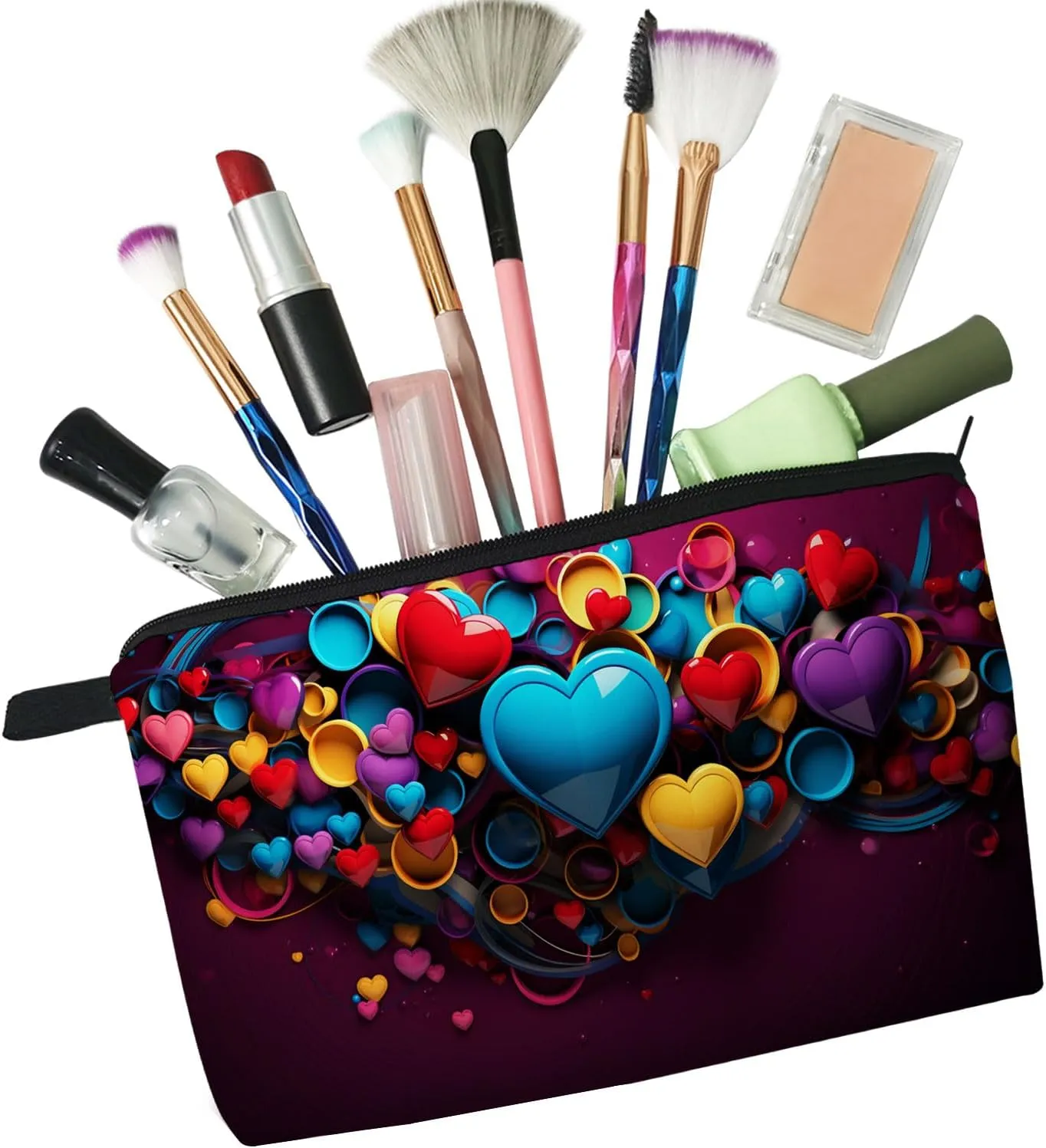 Heart Pattern Makeup Bag 3D Effect Bombing Heart Print Small Toiletry Organizer Zipper Pouch Colorful Heart Cosmetic Bag Present for Women Friends Sisters