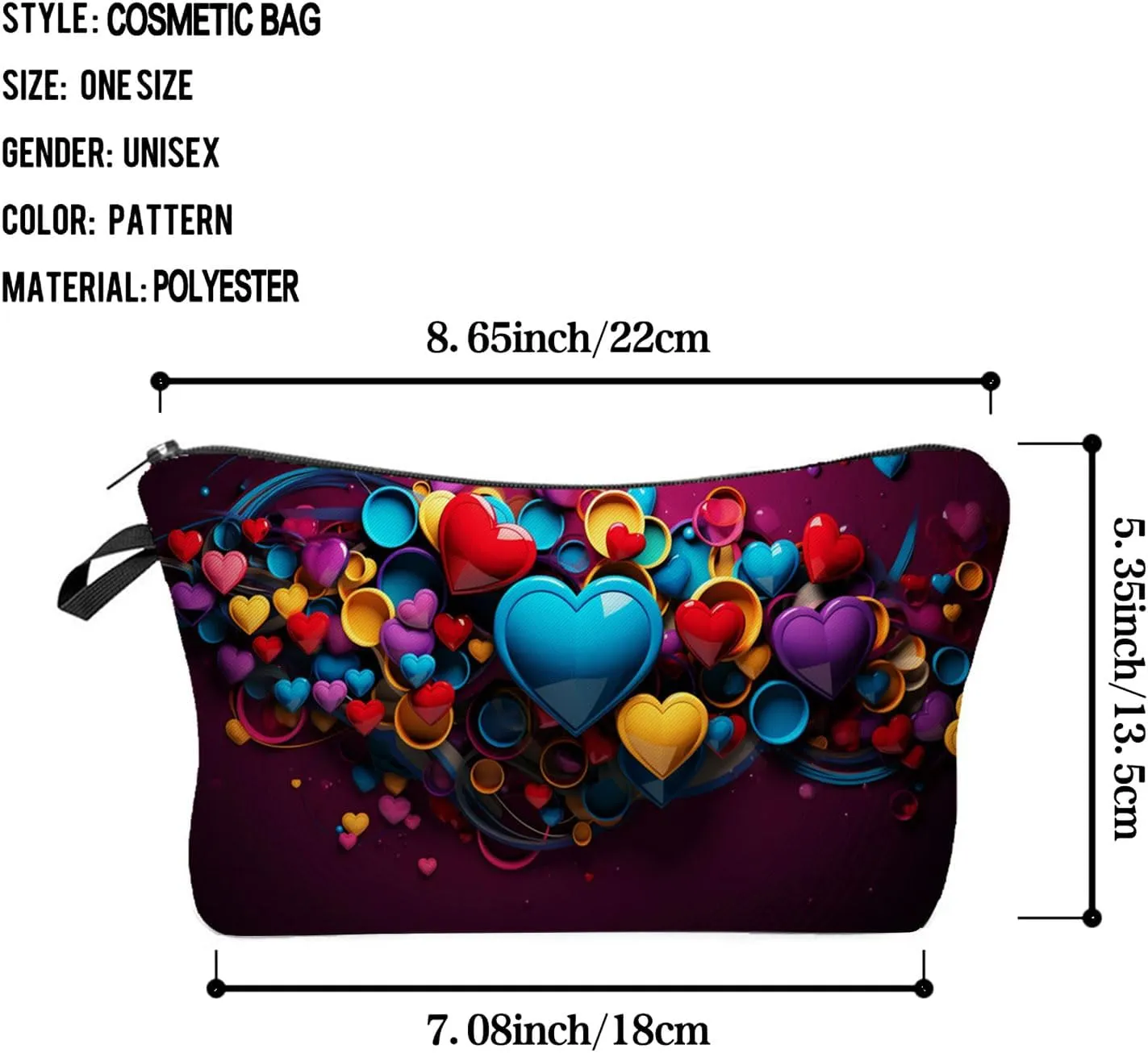 Heart Pattern Makeup Bag 3D Effect Bombing Heart Print Small Toiletry Organizer Zipper Pouch Colorful Heart Cosmetic Bag Present for Women Friends Sisters