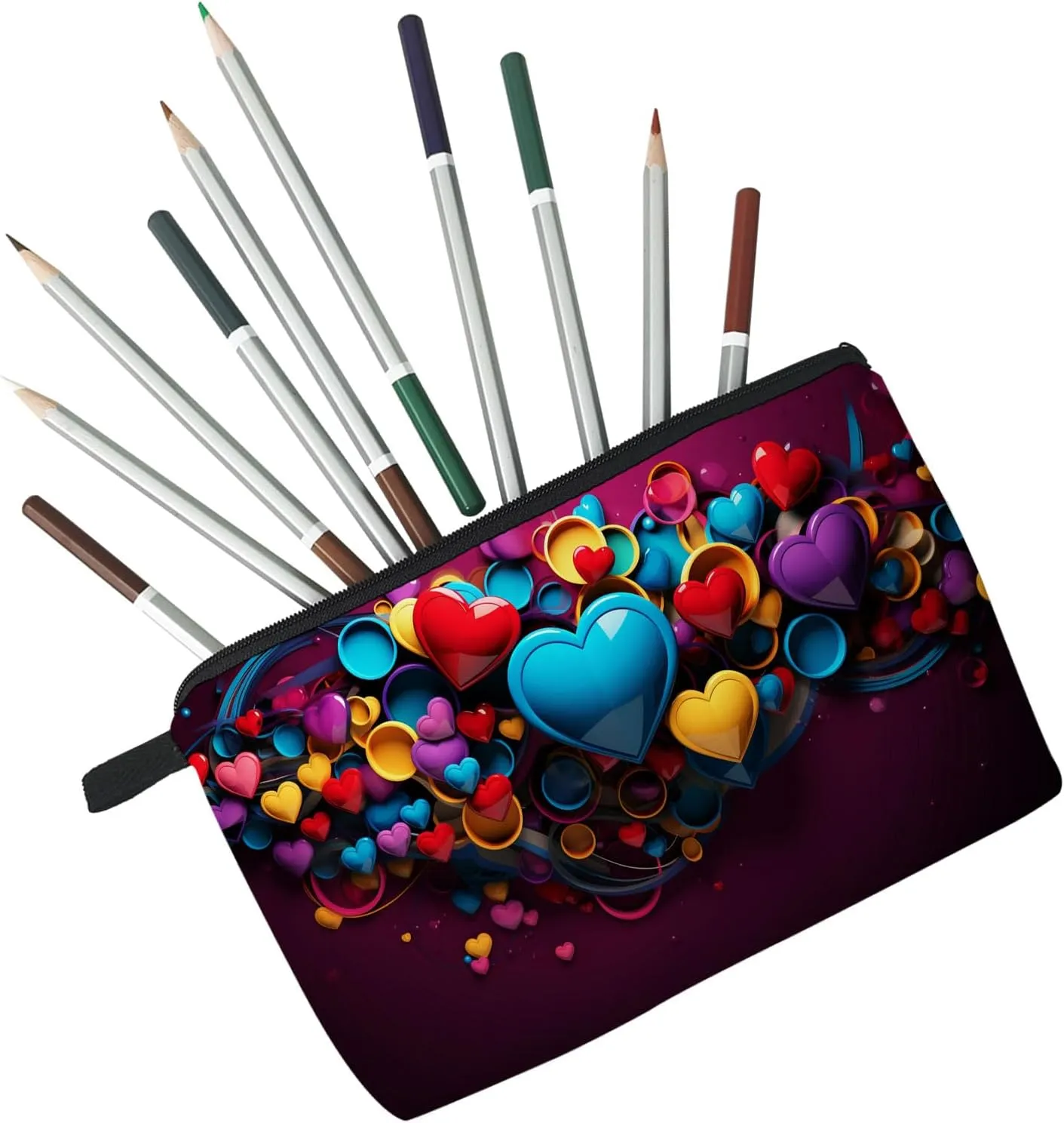 Heart Pattern Makeup Bag 3D Effect Bombing Heart Print Small Toiletry Organizer Zipper Pouch Colorful Heart Cosmetic Bag Present for Women Friends Sisters