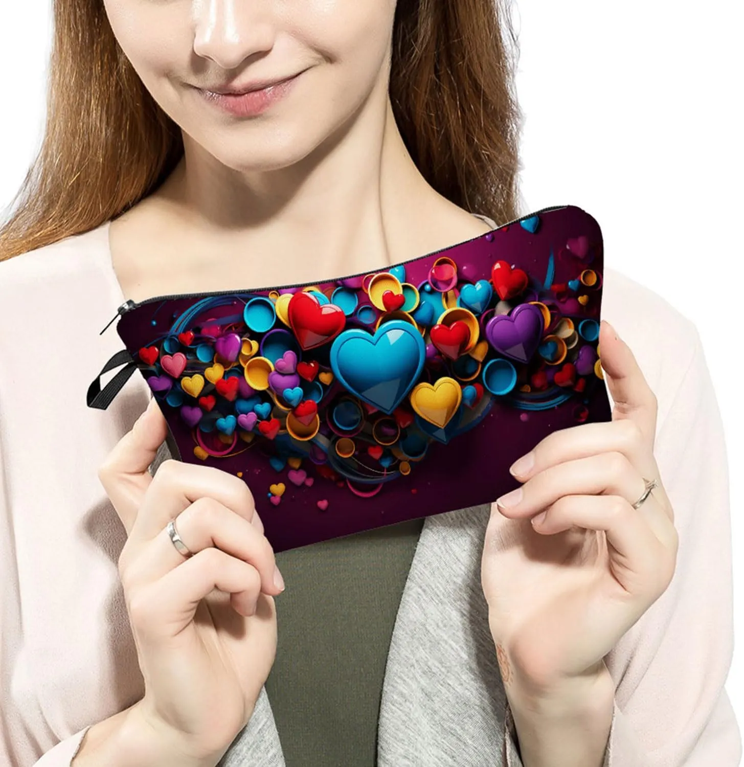 Heart Pattern Makeup Bag 3D Effect Bombing Heart Print Small Toiletry Organizer Zipper Pouch Colorful Heart Cosmetic Bag Present for Women Friends Sisters