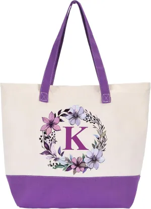 HIFA Canvas Tote Bag for Women, Monogrammed Tote Bags with Top Zipper Closure and Inner Pocket, Stylish Purple Initial Totes