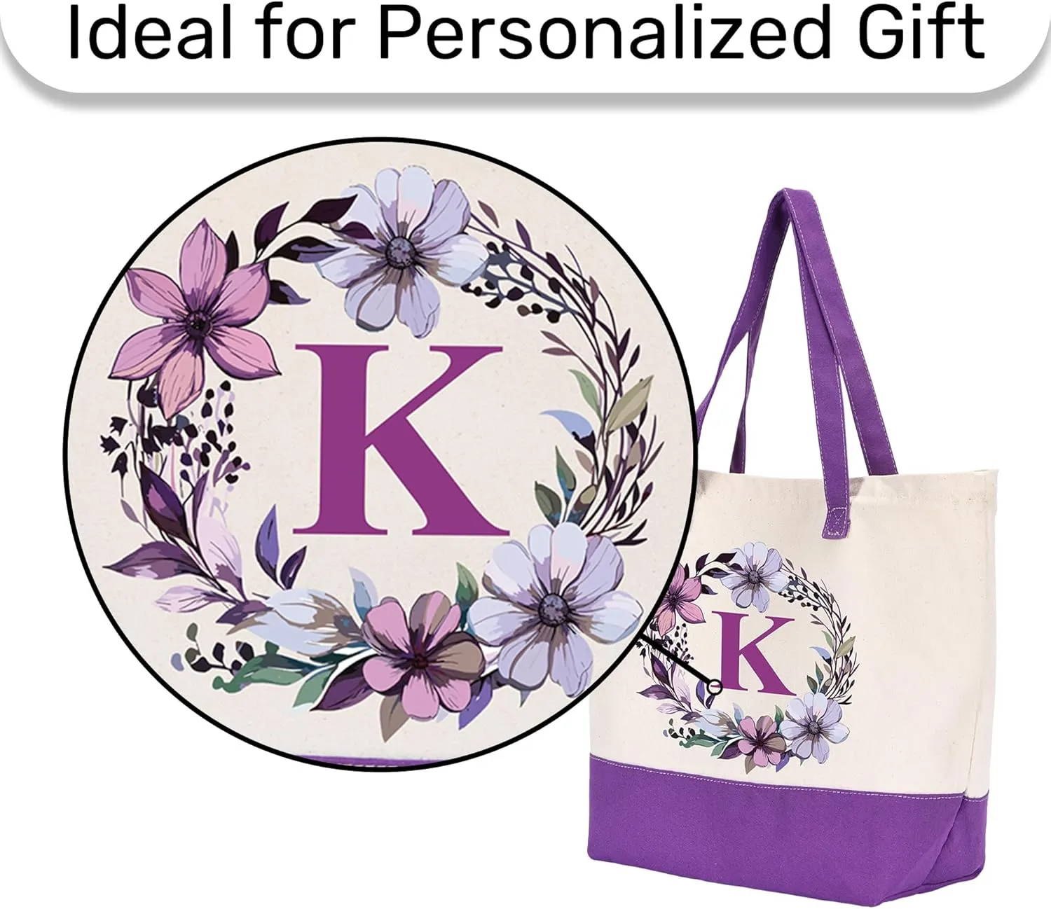HIFA Canvas Tote Bag for Women, Monogrammed Tote Bags with Top Zipper Closure and Inner Pocket, Stylish Purple Initial Totes