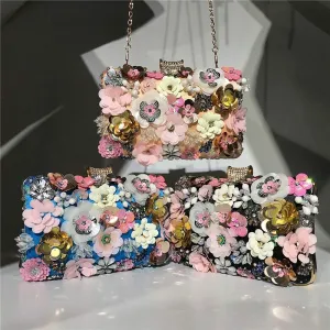 HUFFA Flower Women Evening Bags Diamonds Party Wedding Day Clutch Plastic Satin Chain Shoulder Handbags