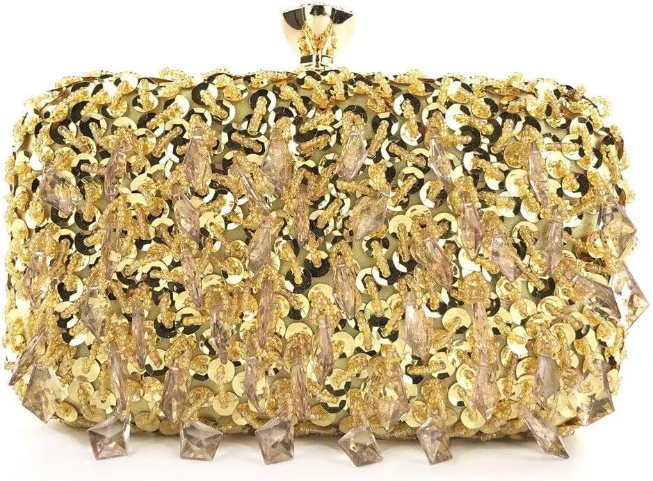 HUFFA Women's Clutch Evening Bag Handmade Double-Sided Bead Embroidery Bag Sequins Bag Ladies Chain Shoulder Bag Purses and Handbags (Color : Gold)