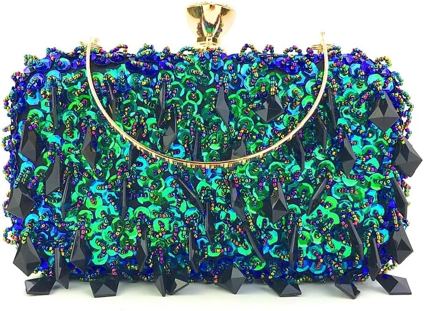 HUFFA Women's Clutch Evening Bag Handmade Double-Sided Bead Embroidery Bag Sequins Bag Ladies Chain Shoulder Bag Purses and Handbags (Color : Gold)