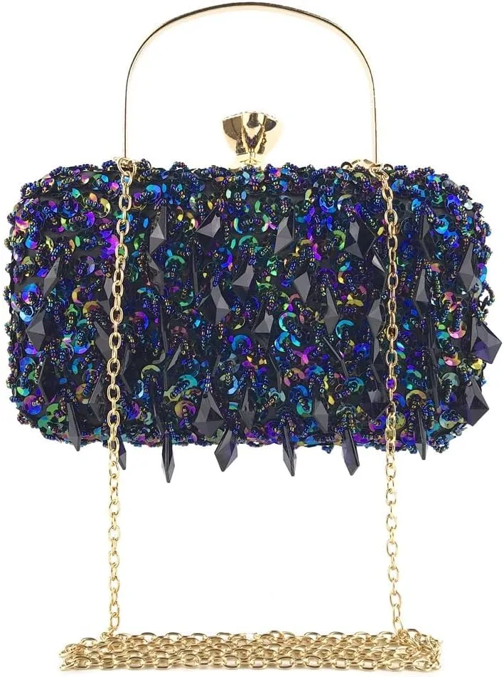 HUFFA Women's Clutch Evening Bag Handmade Double-Sided Bead Embroidery Bag Sequins Bag Ladies Chain Shoulder Bag Purses and Handbags (Color : Gold)
