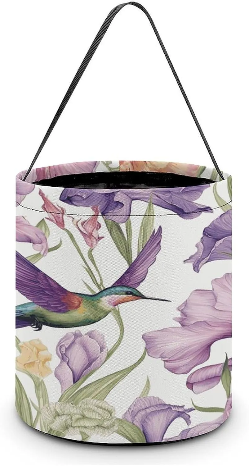 Hummingbirds Irises Flowers Halloween Tote Candy Bag Candy Basket Candy Bucket Gift Bag for Halloween Party
