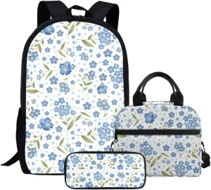 JHQFWMFJ Blue Flower Backpack with Lunchbox and Pencil Cases for Girls Backpacks Ages 10-12 Cute Lunch Containers for Teen Girls School Travel