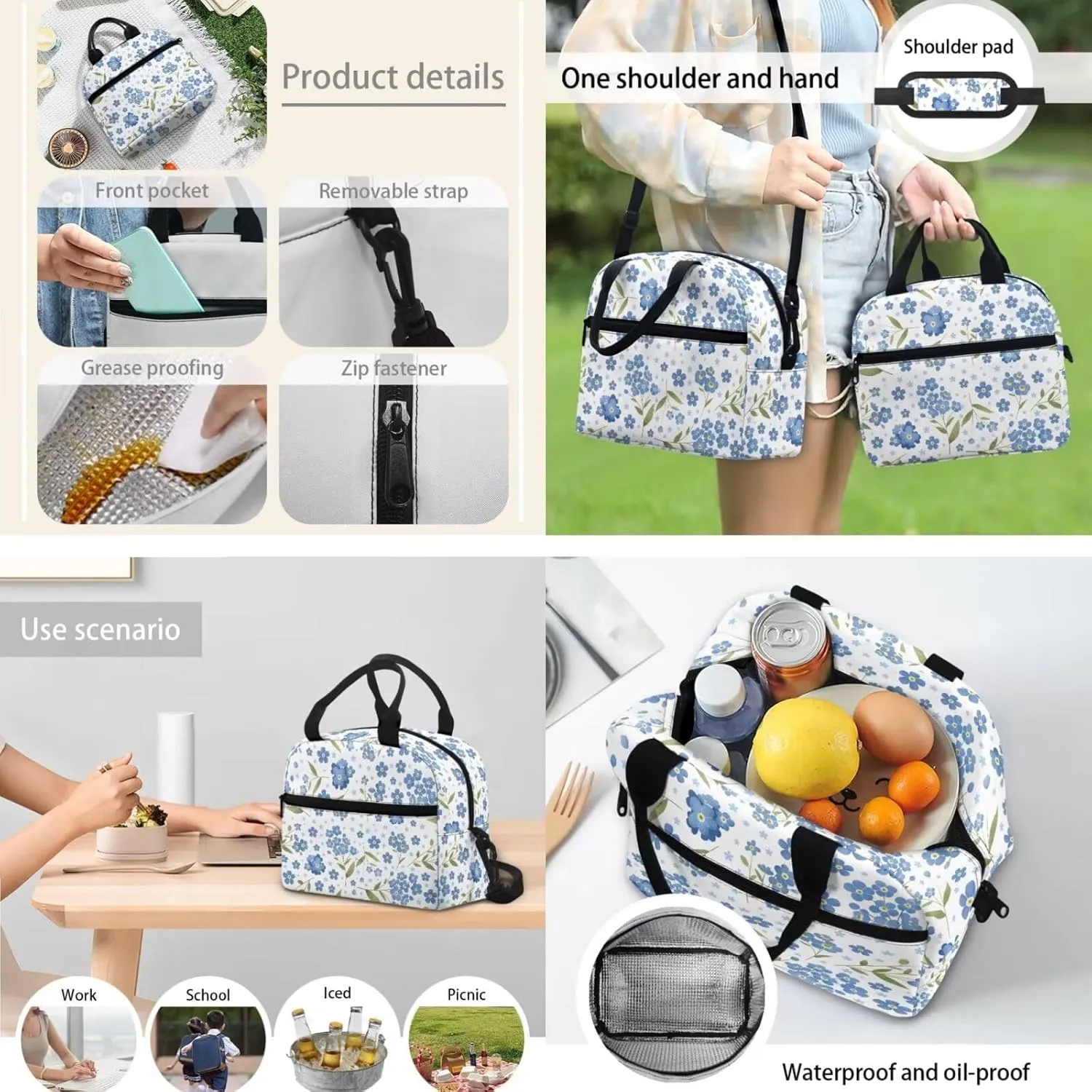 JHQFWMFJ Blue Flower Backpack with Lunchbox and Pencil Cases for Girls Backpacks Ages 10-12 Cute Lunch Containers for Teen Girls School Travel