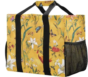 JUNZAN Orange Spring Flowers Utility Bags And Totes Foldable Beach Bag Tote With Pockets Grocery Bags Reusable Canvas Car Tote Bag