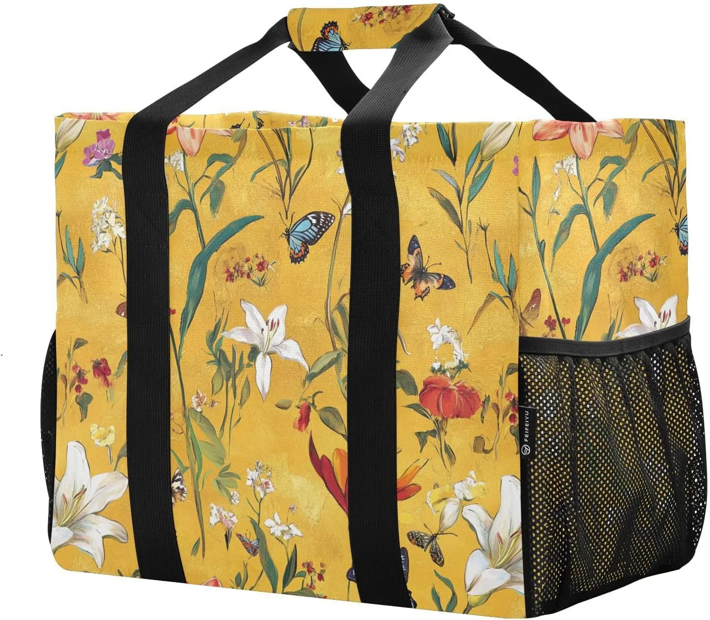 JUNZAN Orange Spring Flowers Utility Bags And Totes Foldable Beach Bag Tote With Pockets Grocery Bags Reusable Canvas Car Tote Bag
