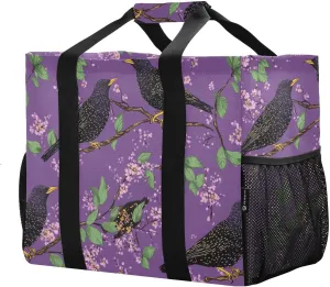 JUNZAN Purple Starling Birds Utility Totes Foldable Beach Bag Waterproof Reusable Grocery Shopping Bags Canvas Laundry Bag Travel