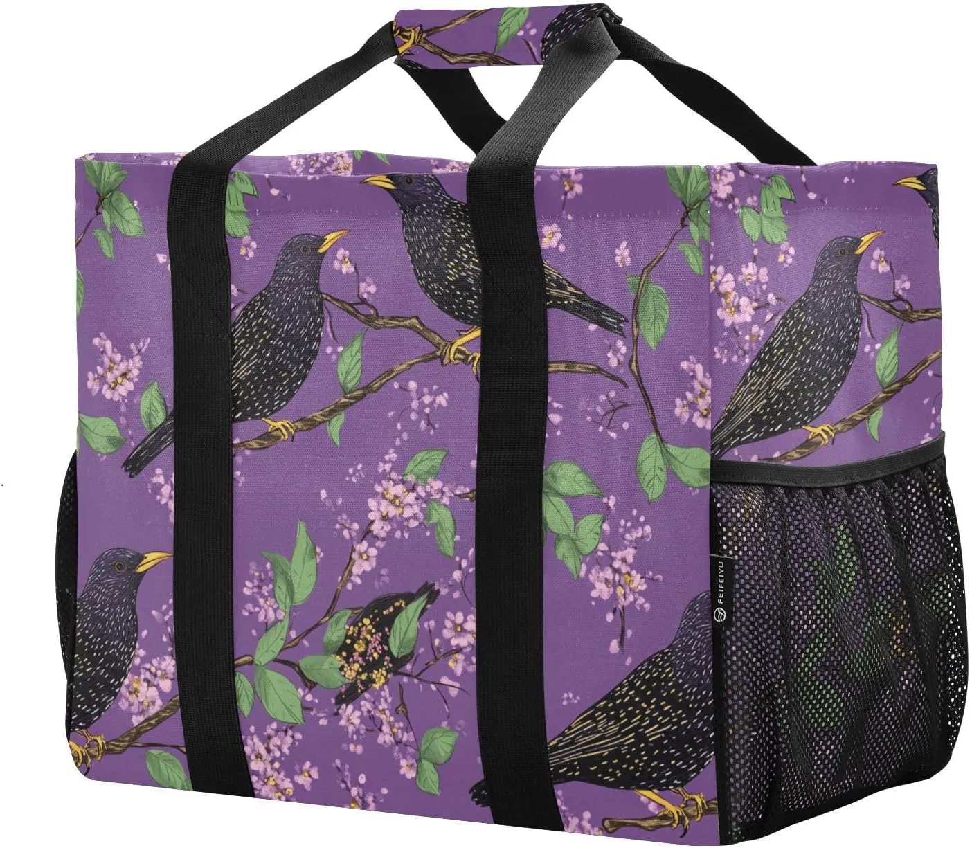 JUNZAN Purple Starling Birds Utility Totes Foldable Beach Bag Waterproof Reusable Grocery Shopping Bags Canvas Laundry Bag Travel