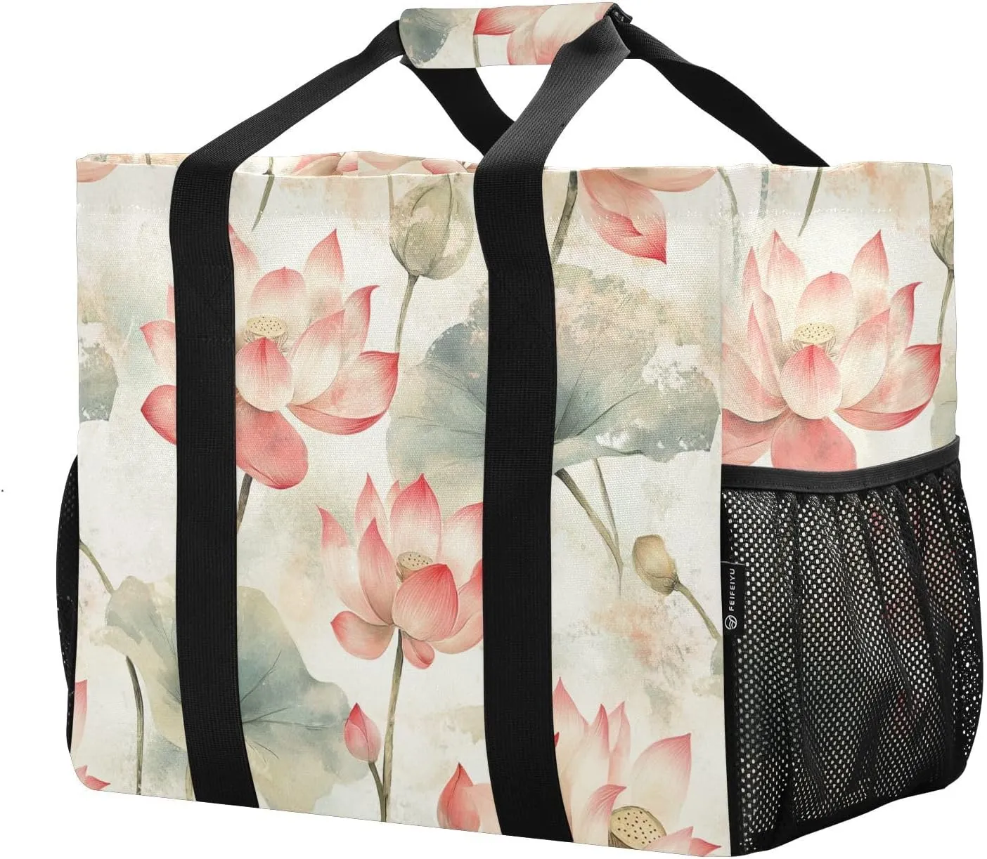 JUNZAN Water-lily Flowers Utility Totes Foldable Beach Bags Water Resistant Reusable Bags For Groceries Canvas Laundry Tote Bag