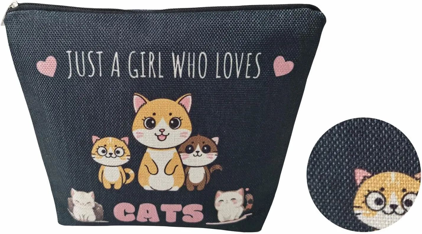 Just Love Cats Makeup Bag Black Background Cartoon Cat Pattern Toiletry Organizer Canvas Zipper Pouch Lovely Cartoon Cat Cosmetic Bag Present for Cat Lovers Cat Mom Women