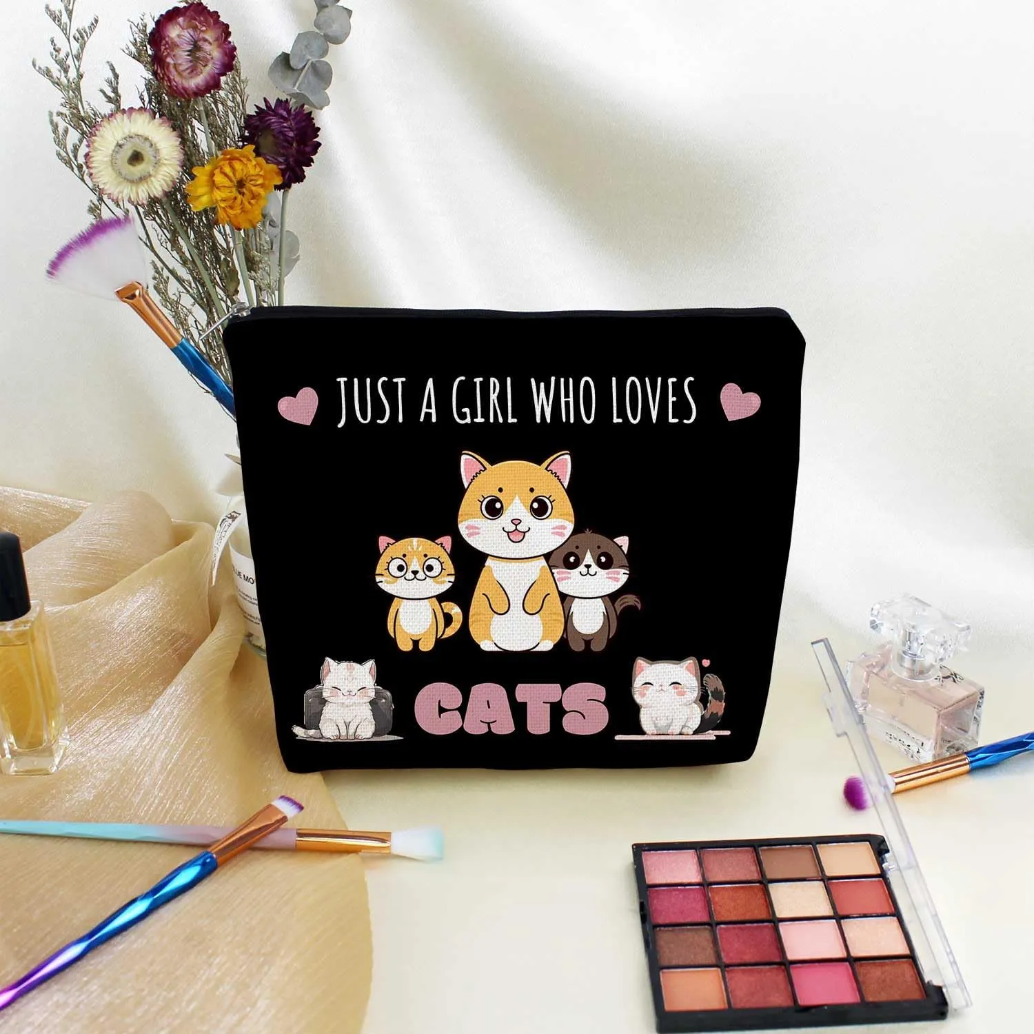 Just Love Cats Makeup Bag Black Background Cartoon Cat Pattern Toiletry Organizer Canvas Zipper Pouch Lovely Cartoon Cat Cosmetic Bag Present for Cat Lovers Cat Mom Women
