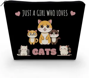 Just Love Cats Makeup Bag Black Background Cartoon Cat Pattern Toiletry Organizer Canvas Zipper Pouch Lovely Cartoon Cat Cosmetic Bag Present for Cat Lovers Cat Mom Women