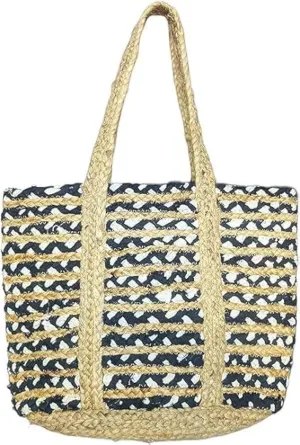 Jute Cotton Straw Beach Bags Buckets Handbag Shoulder Bag Tote Bag for Women Organizer Bag Natural Fiber Hand Woven Storage Handbags Black and Beige