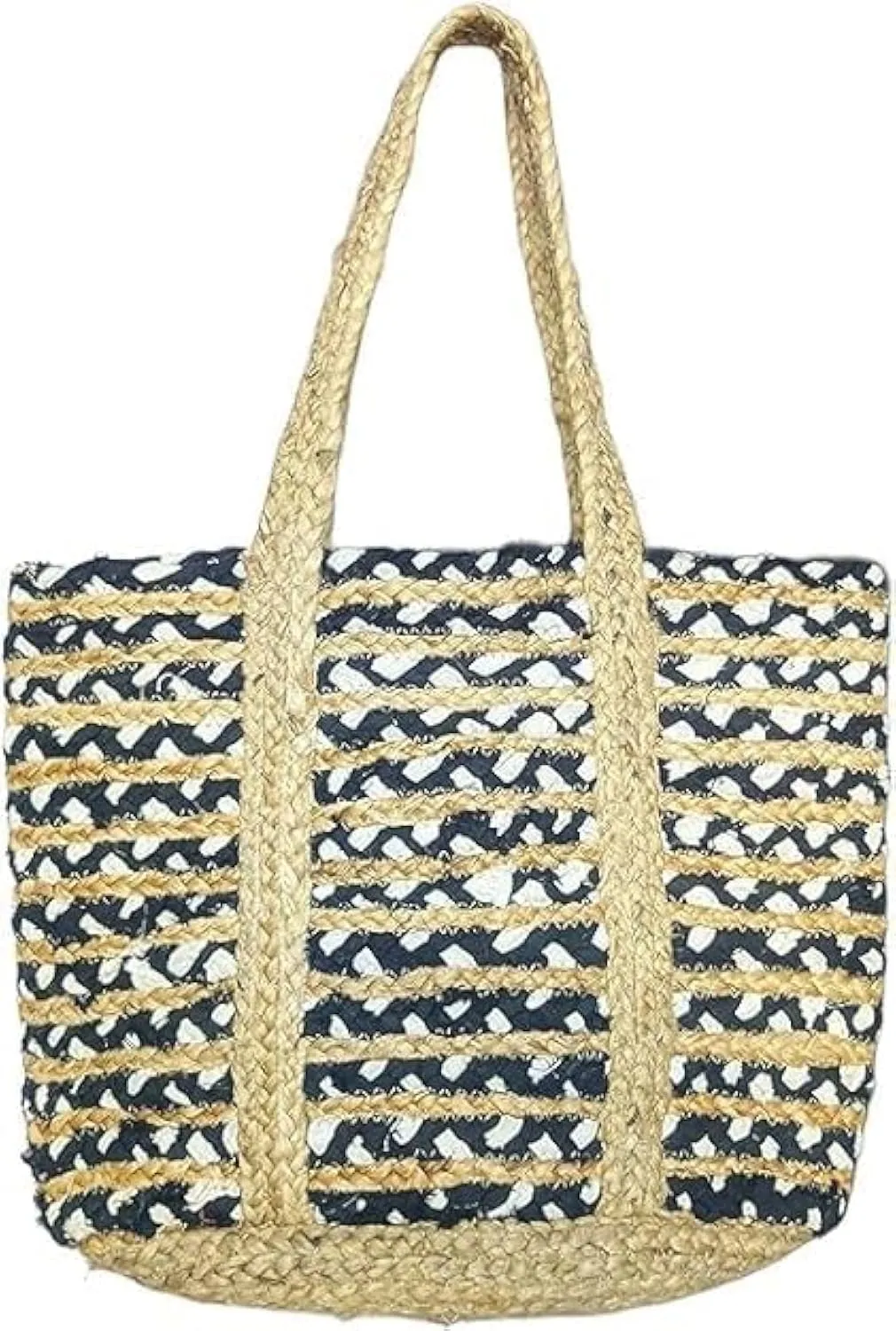 Jute Cotton Straw Beach Bags Buckets Handbag Shoulder Bag Tote Bag for Women Organizer Bag Natural Fiber Hand Woven Storage Handbags Black and Beige