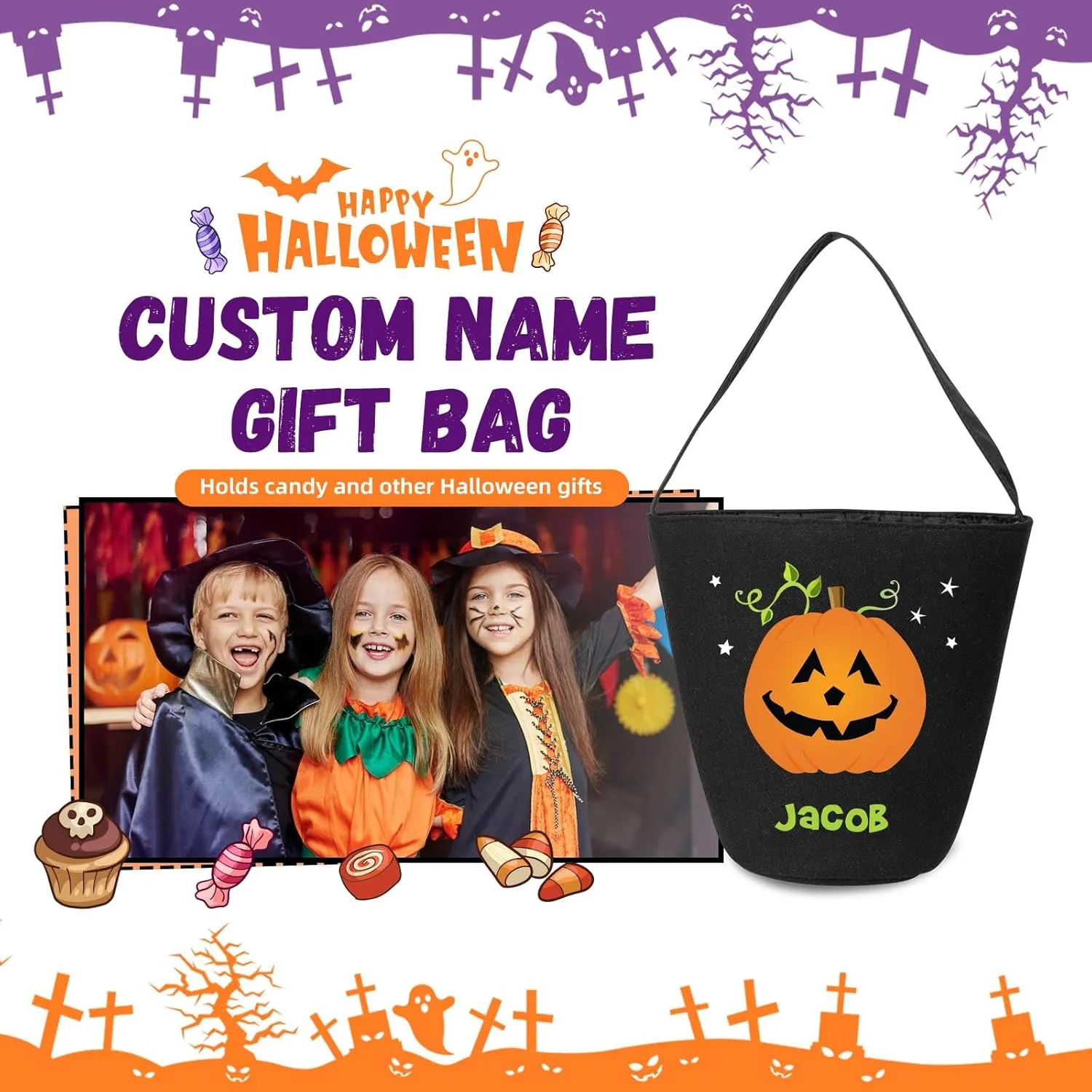 kaululu Halloween Candy Bags Halloween Candy Bucket Halloween Trick or Treat Bucket Bag Custom Name Embroidered Candy Basket (Black)