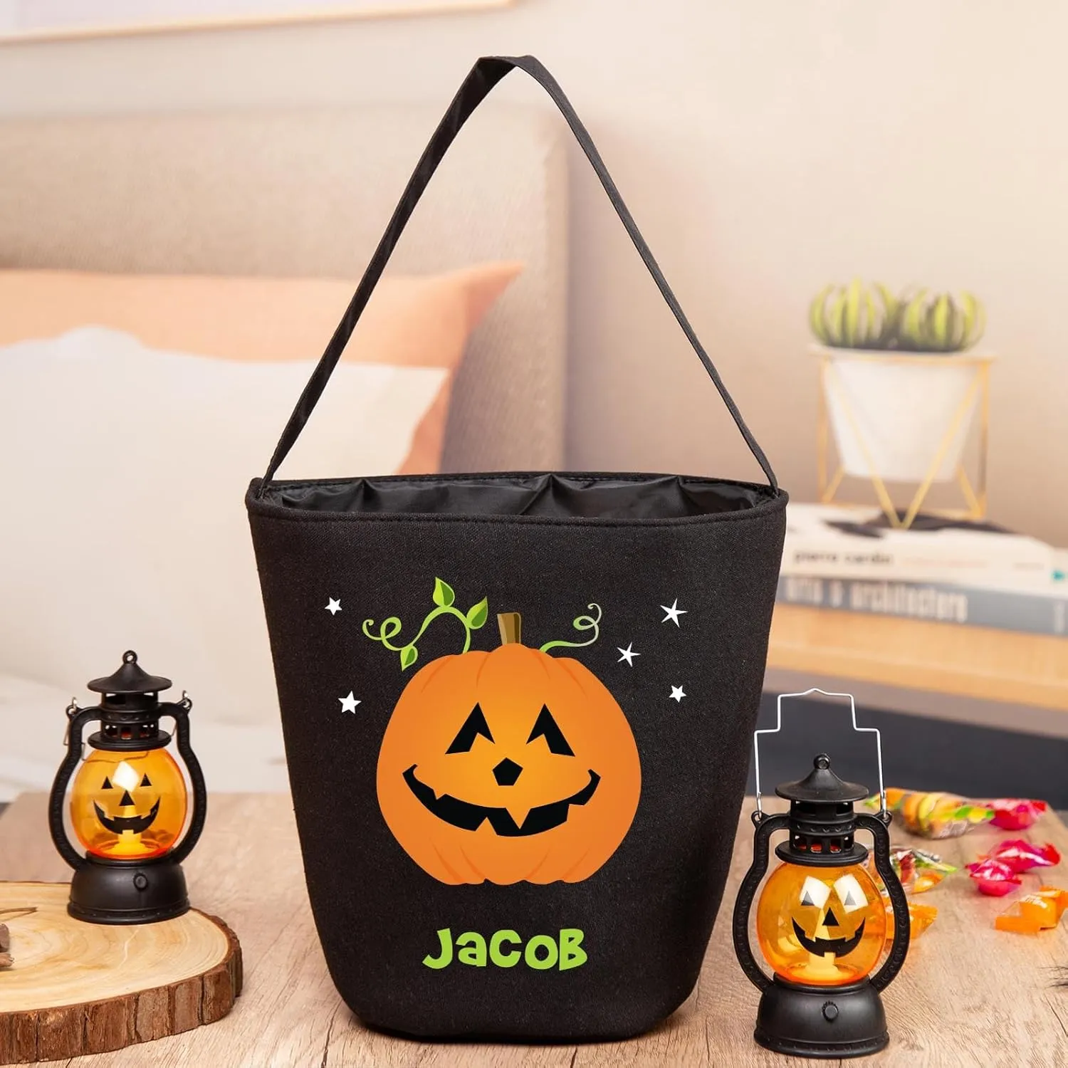 kaululu Halloween Candy Bags Halloween Candy Bucket Halloween Trick or Treat Bucket Bag Custom Name Embroidered Candy Basket (Black)