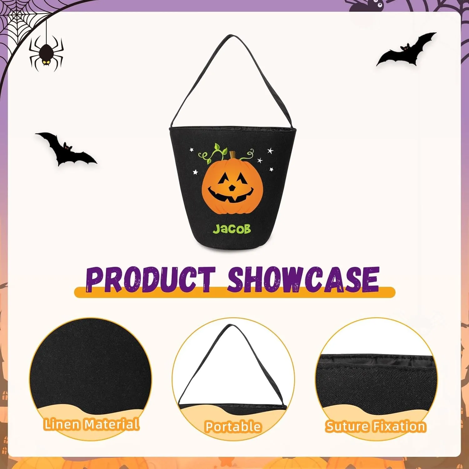 kaululu Halloween Candy Bags Halloween Candy Bucket Halloween Trick or Treat Bucket Bag Custom Name Embroidered Candy Basket (Black)