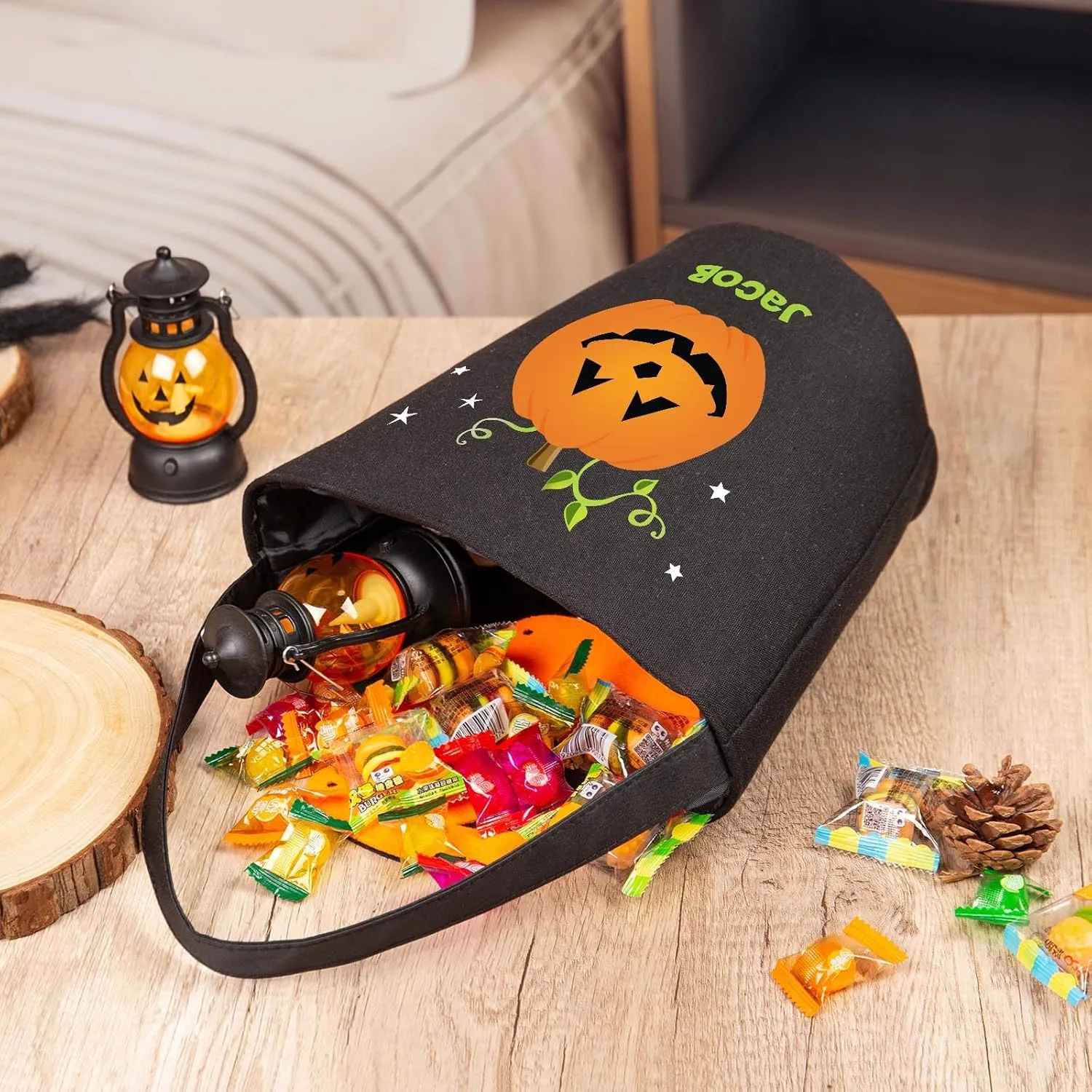 kaululu Halloween Candy Bags Halloween Candy Bucket Halloween Trick or Treat Bucket Bag Custom Name Embroidered Candy Basket (Black)
