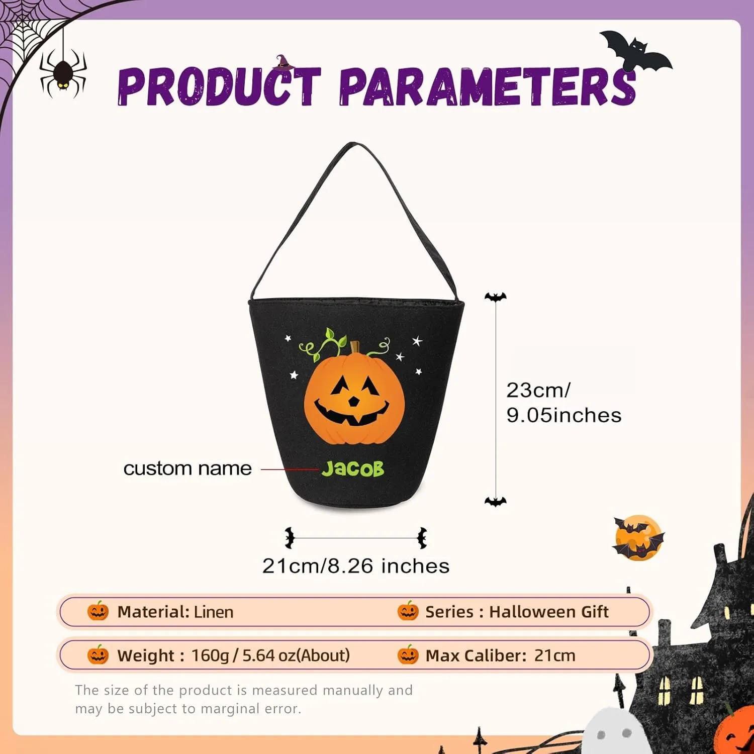 kaululu Halloween Candy Bags Halloween Candy Bucket Halloween Trick or Treat Bucket Bag Custom Name Embroidered Candy Basket (Black)