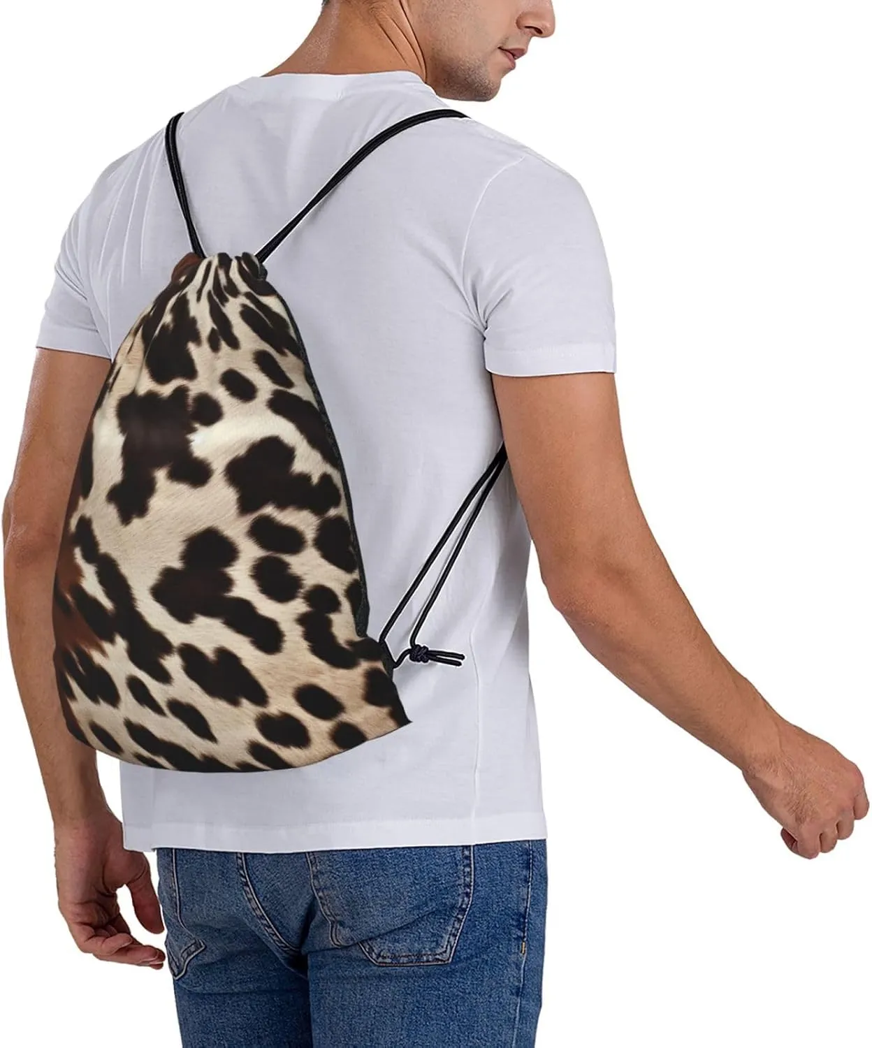 KHiry Drawstring Backpack Waterproof String Bag Brown Cowhide Drawstring Sackpack Gym Bag for Man Woman