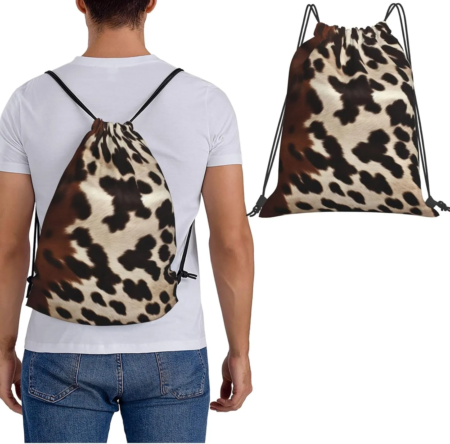 KHiry Drawstring Backpack Waterproof String Bag Brown Cowhide Drawstring Sackpack Gym Bag for Man Woman