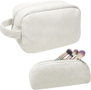 KOTORA 2 Pcs Corduroy Makeup Bag for Purse, Makeup Bag Zipper Pouch Travel Accessories,Small Aesthetic MakeUp Organizer Bag, Coin Purse Travel Toiletry Small Makeup Pouch For Women (L-Beige)