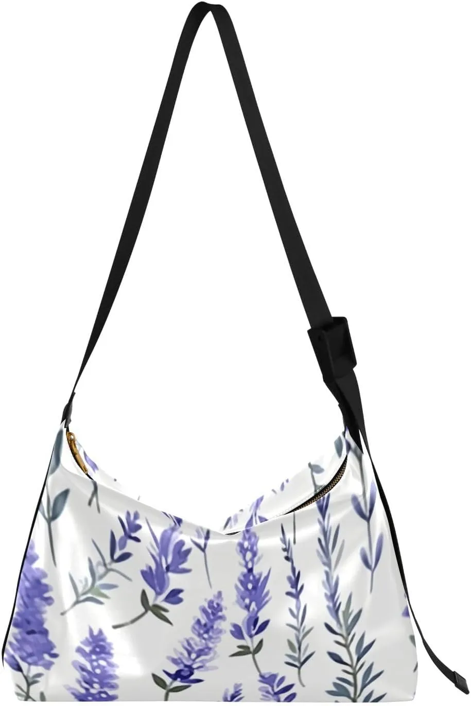 Lavender Floral White Tote Bag for Women Large Hobo Bags Leather Crossbody Bags Shoulder Slouchy Handbags with Adjustable Strap for School Girl