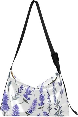 Lavender Floral White Tote Bag for Women Large Hobo Bags Leather Crossbody Bags Shoulder Slouchy Handbags with Adjustable Strap for School Girl