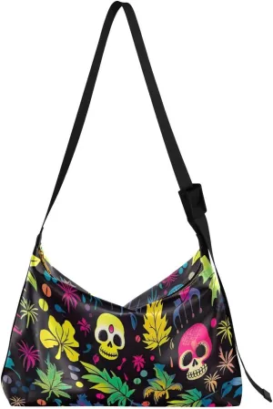 Leaves Colorful Skull Tote Bag for Women Large Hobo Bags Cross Body Purse Leather Tote with Adjustable Strap for School Women