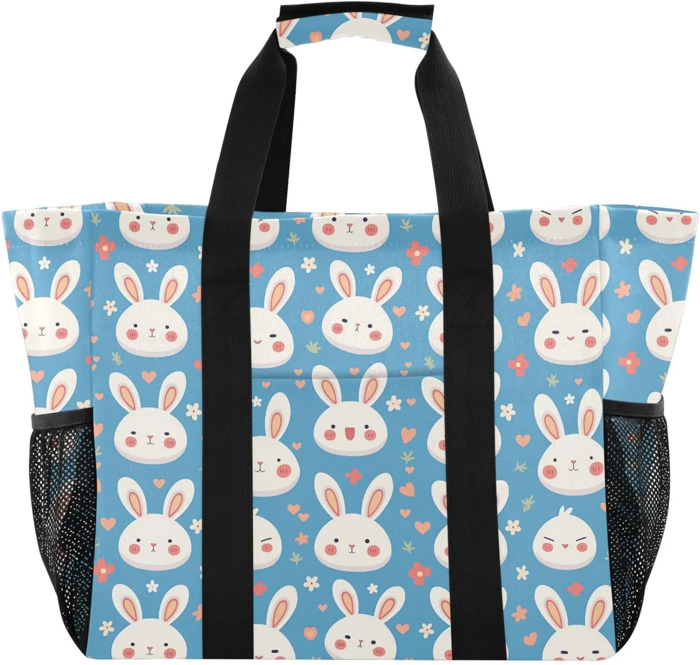 linqin Little Bunny Face Blue Utility Totes Canvas Foldable Shopping Bags for Groceries Water Resistant for Car