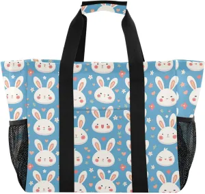 linqin Little Bunny Face Blue Utility Totes Canvas Foldable Shopping Bags for Groceries Water Resistant for Car