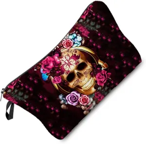 Livellhood Pink Floral Skull Makeup Bag - Cute Small Travel Toiletry Organizer with Zipper Pouch - Floral Skull Pattern Present for Gothic Fans & Women Friends
