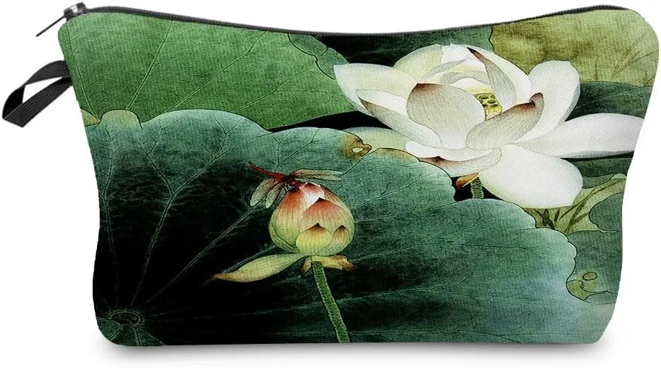 Lotus Flower Makeup Bag Cute Small Makeup Organizer Bag Travel Toiletry Zipper Pouch Birthday Christmas Gift for Flower Lovers Water Lily Cosmetic Bag for Women