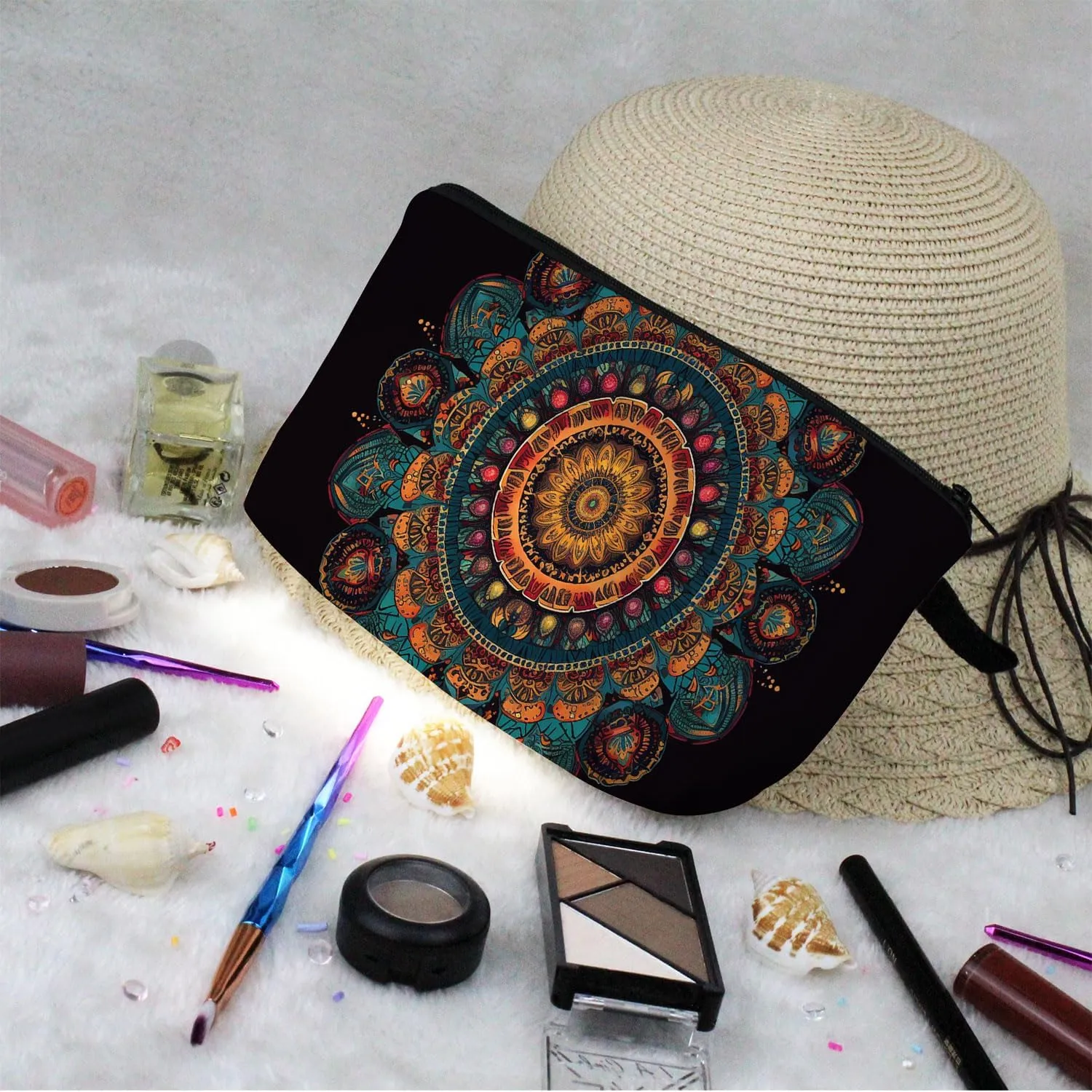 Mandala Makeup Bag Simple Ethnic Style Mandala Print Small Toiletry Organizer Pouch Buddhism Art Mandala Pattern Cosmetic Bag for Buddhist Women Friends