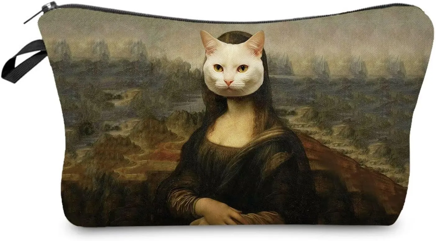 Mona Lisa Cat Makeup Bag Cute Small Organizer Zipper Pouch Mona Lisa Cat Cosmetic Bag Birthday Present for Women Friends