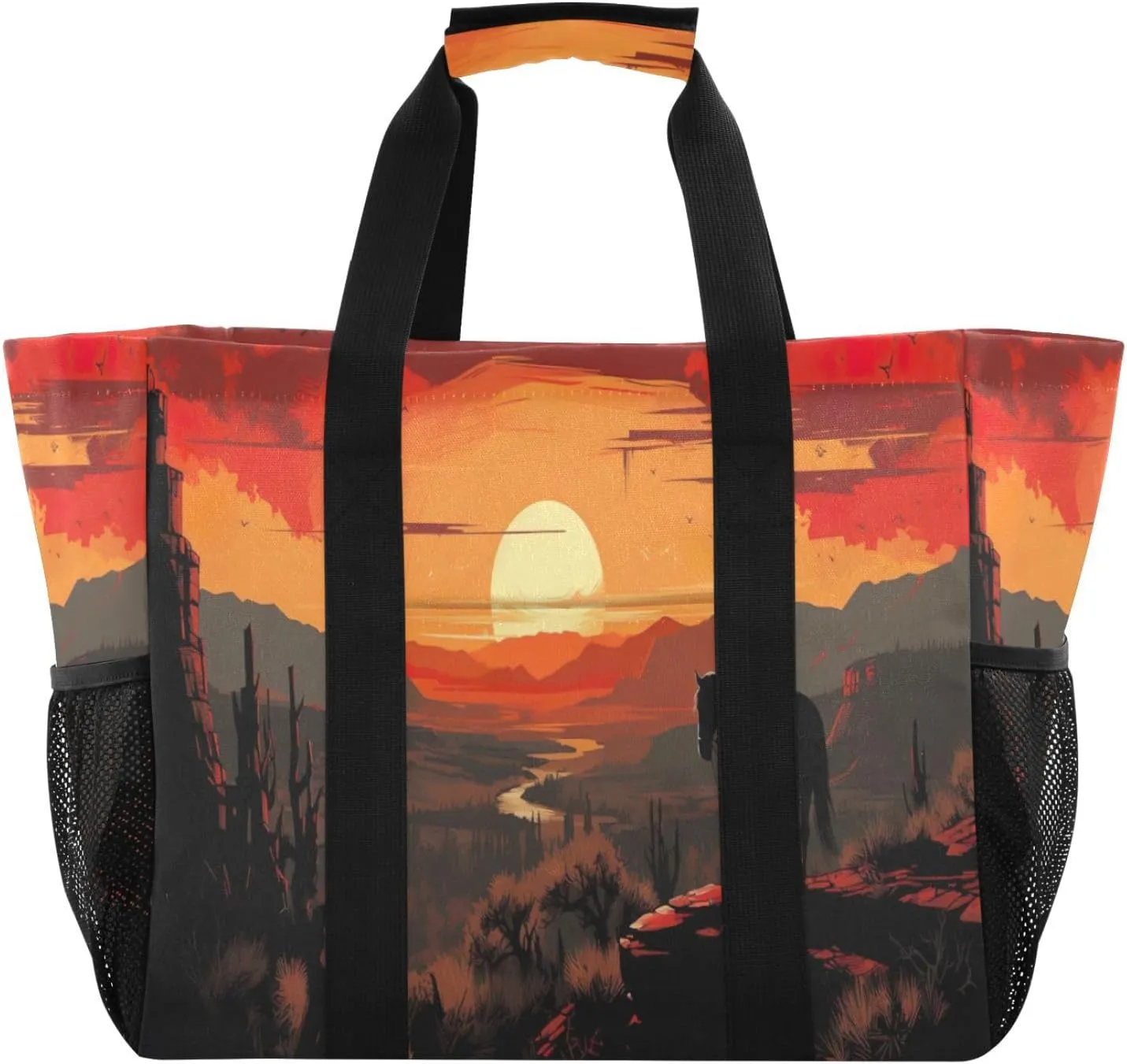 Nander Sunset Desert Army Cowboy Foldable Tote Bag Waterproof Sandproof Women Beach Bag Handbag Gym Bag Travel Shopping Bag