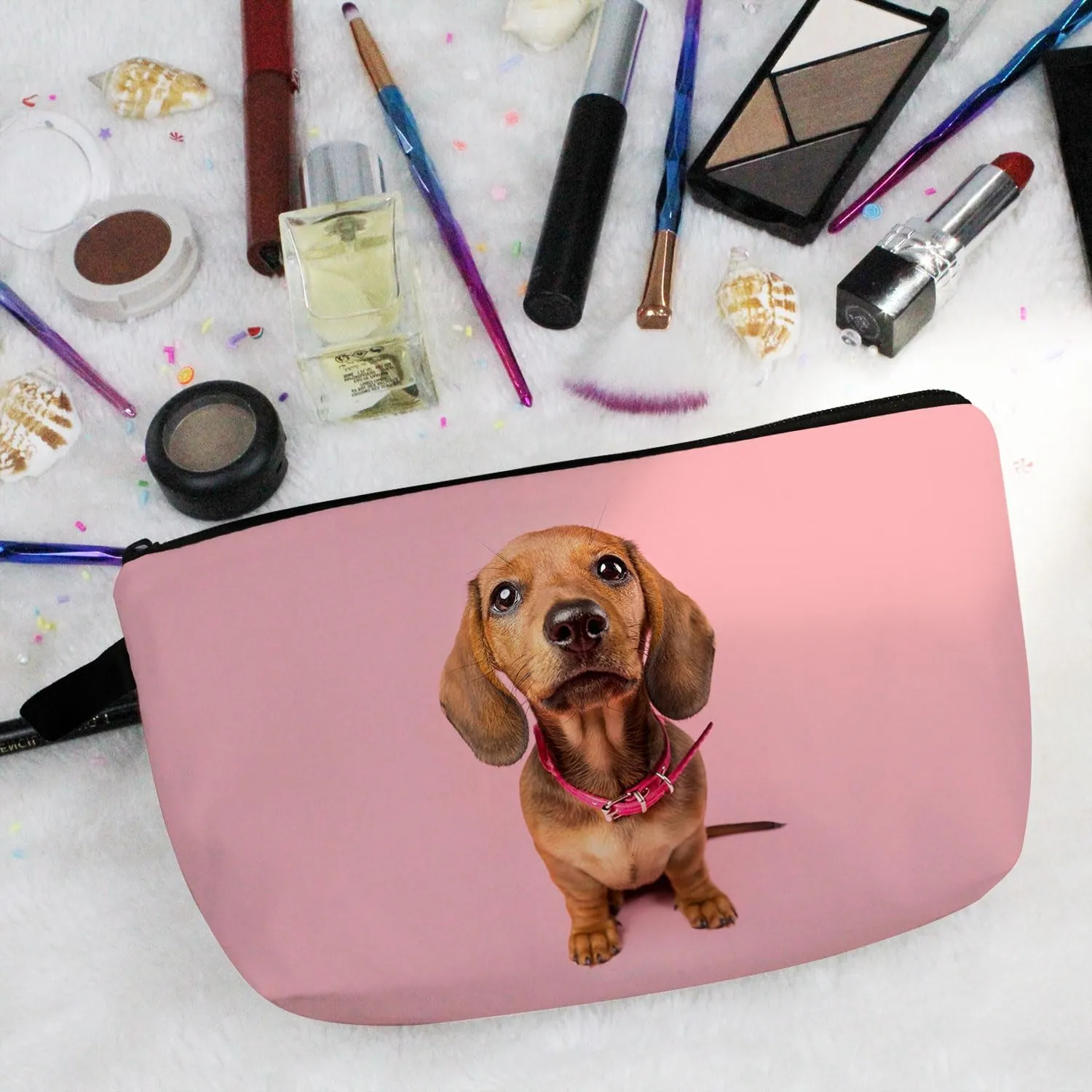 Pink Dachshund Makeup Bag Dachshund Puppy Organizer Bag Zipper Pouch Pink Dachshund Pattern Cosmetic Bag Present for Dachshund Lovers Dog Mom Women