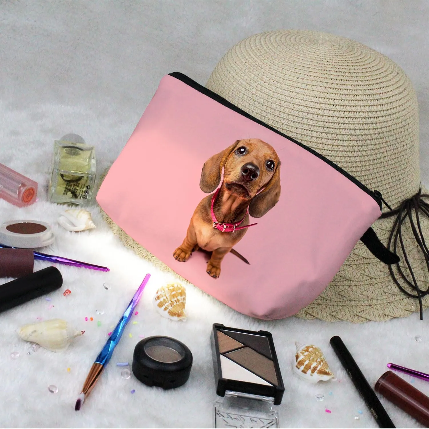 Pink Dachshund Makeup Bag Dachshund Puppy Organizer Bag Zipper Pouch Pink Dachshund Pattern Cosmetic Bag Present for Dachshund Lovers Dog Mom Women