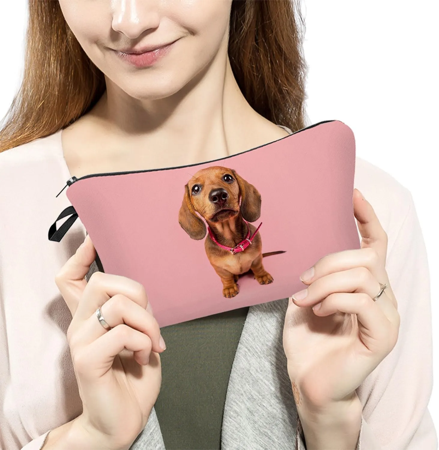 Pink Dachshund Makeup Bag Dachshund Puppy Organizer Bag Zipper Pouch Pink Dachshund Pattern Cosmetic Bag Present for Dachshund Lovers Dog Mom Women